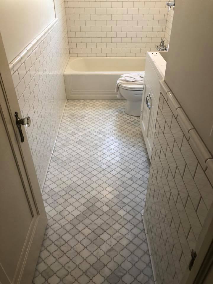 Small Simple Bathroom update With Classic Curved & Modern Subway Tile Mash-Up