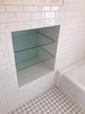 Bathroom Update Glass Tiled Storage Shelves