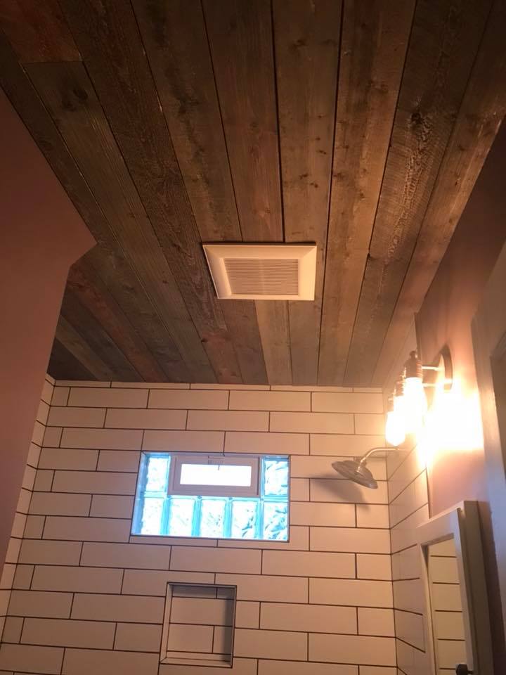 Unique Wood Wall & Ceiling Shower & Tub Combo W/ Custom Storage