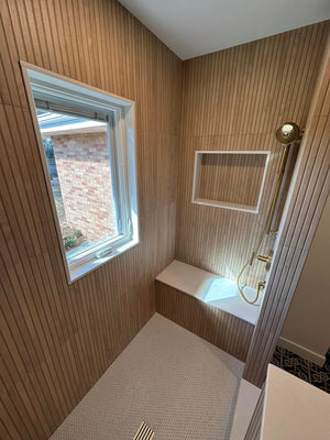 Modern Bathroom With Wood Walled Shower