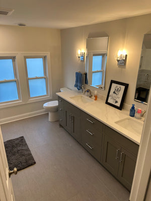 Updated Bathroom - Extra Storage Glass Door Shower W/ Medium To Large Subway Tile & Large Format Flooring