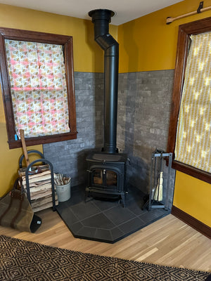 Basement Remodel Wood Flooring & Corner Fireplace Tile Wall