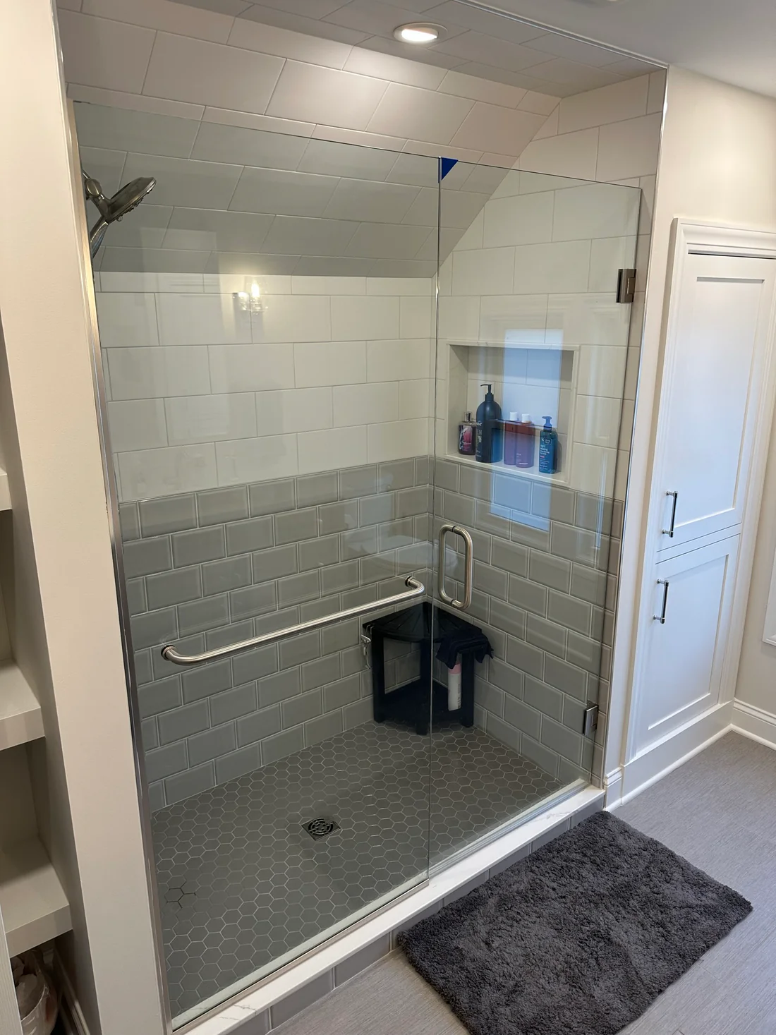 MEtro REmodling Updated Bathroom - Extra Storage Glass Door Shower W: Medium To Large Subway Tile & Large Format Flooring
