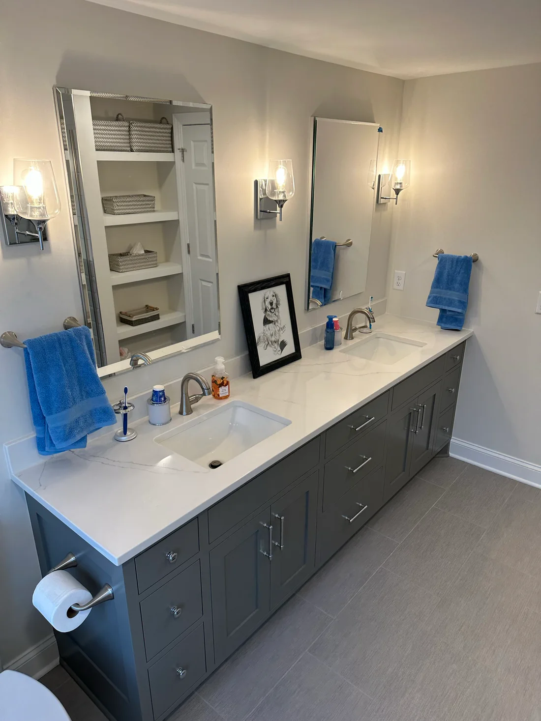 MEtro REmodling Updated Bathroom - Extra Storage Glass Door Shower W: Medium To Large Subway Tile & Large Format Flooring4