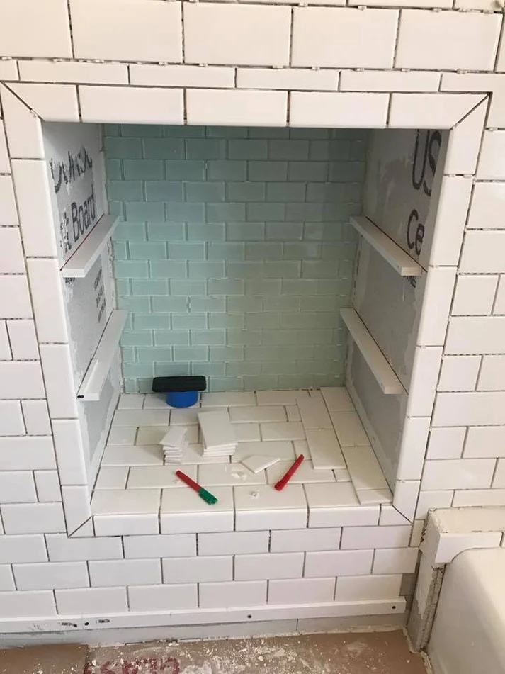 Metro Remodeling Bathroom Update Glass Tiled Storage Shelves5