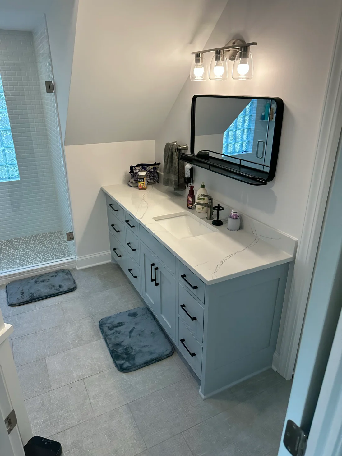 Metro Remodeling Updated Bathroom - Extra Storage Glass Door Shower W: Mini Subway Tile & Large Format Flooring2