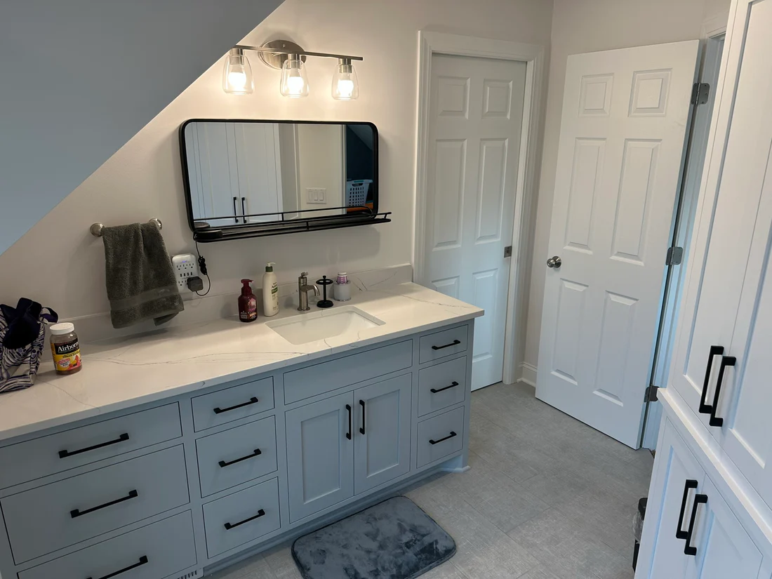 Metro Remodeling Updated Bathroom - Extra Storage Glass Door Shower W: Mini Subway Tile & Large Format Flooring4