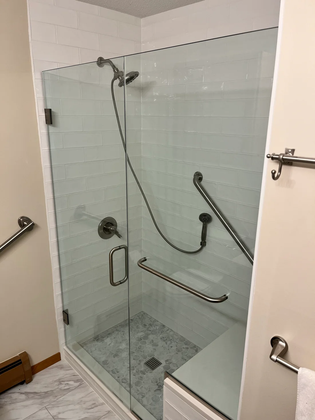 Metro Remodling Updated Shower - Glass Door W: Bench Seat & Subway Tile