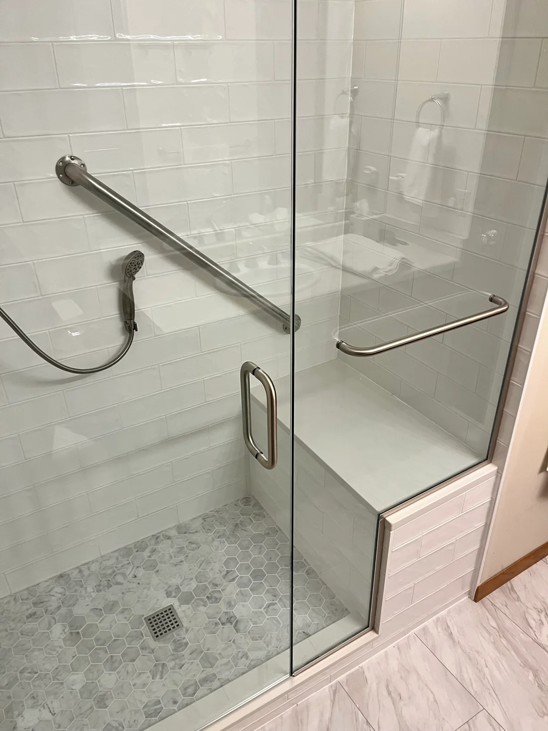 Updated Shower - Glass Door W: Bench Seat & Subway Tile2